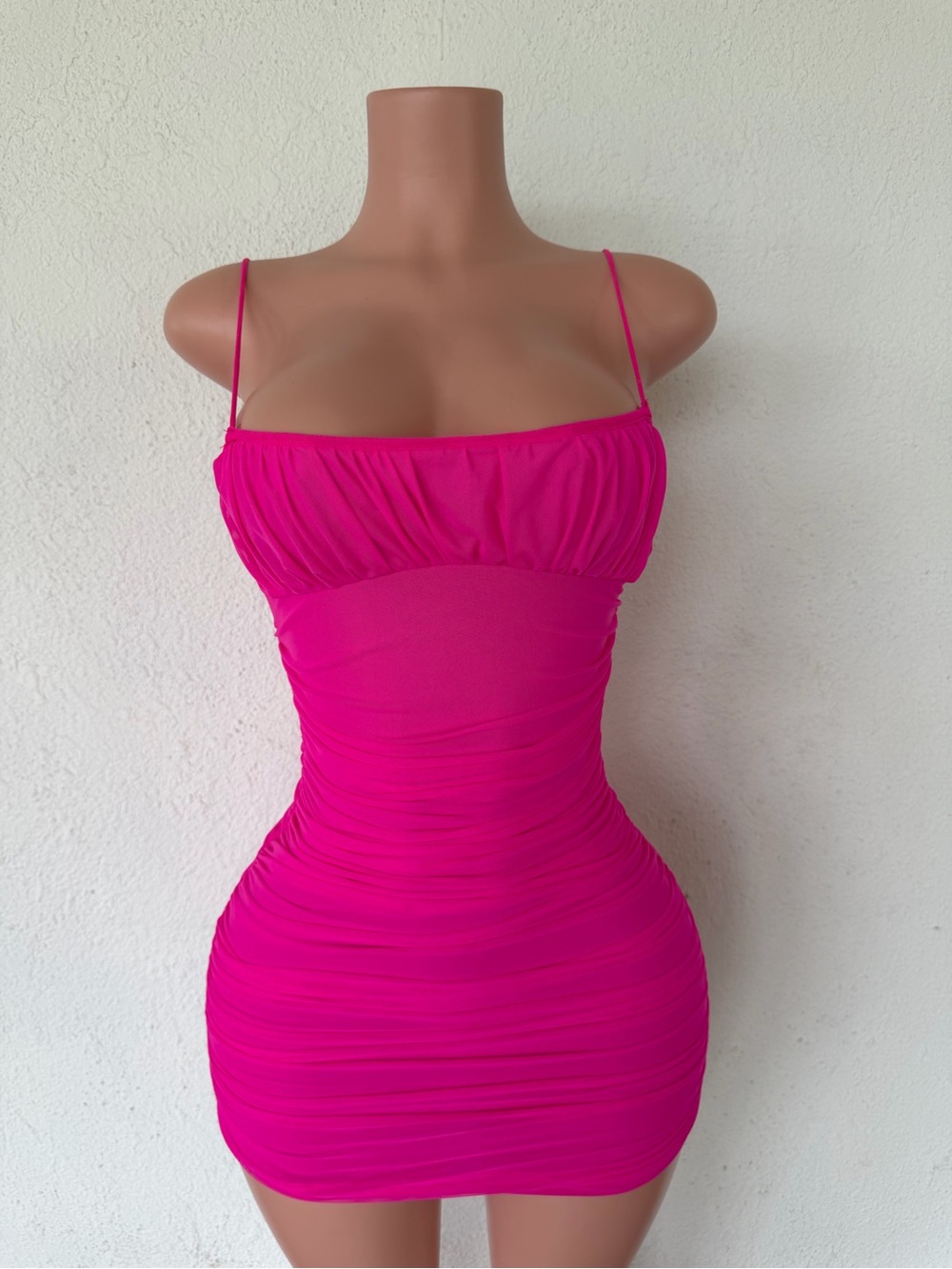 Hot Pink Ruched Bodycon Mini Dress Spaghetti Straps